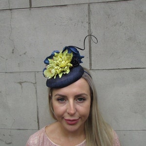 Navy Blue Lime Chartreuse Green Rose Flower Feather Pillbox Hat Hair Fascinator Wedding Races Headpiece Headband Hairband Floral sh-255 image 1