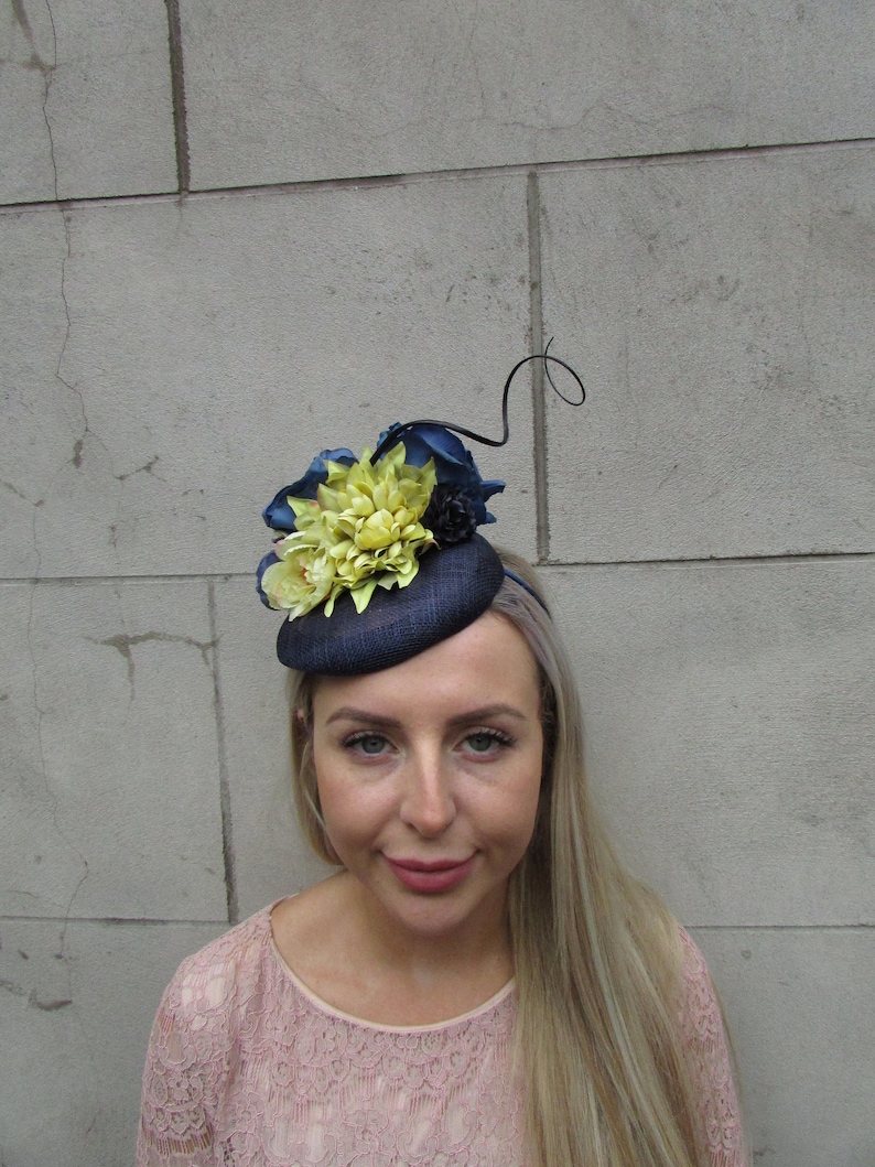 Navy Blue Lime Chartreuse Green Rose Flower Feather Pillbox Hat Hair Fascinator Wedding Races Headpiece Headband Hairband Floral sh-255 image 1