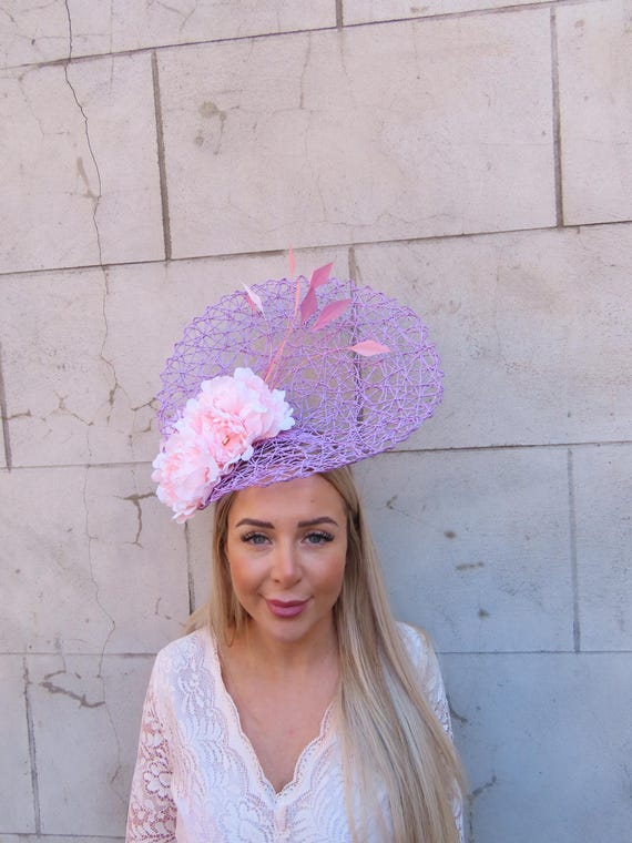 Fuchsia Feather and Lavender Rose Fascinator on Neutral Base Kentucky Derby Hat Fascinator, Purple and Hot Pink  main image 3