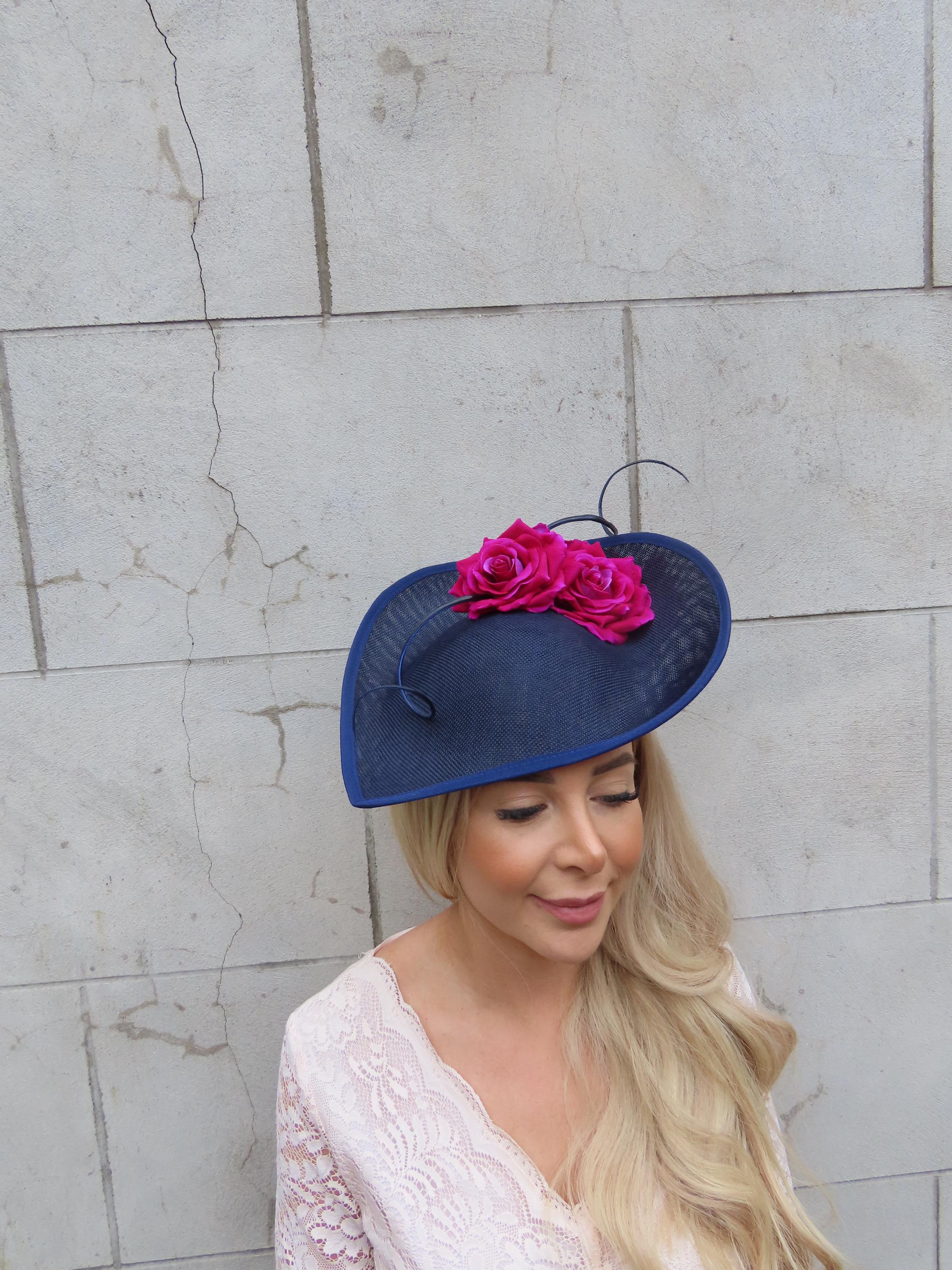 Large Navy Blue & Pink Rose Flower Feather Fascinator Hat Big Teardrop ...