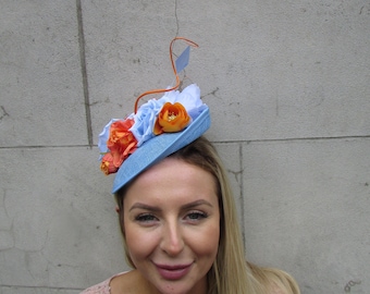 Light Blue Burnt Orange Feather Floral Disc Saucer Hat Fascinator Hair Baby Blue Wedding Races Hatinator Headpiece Flower SH-69