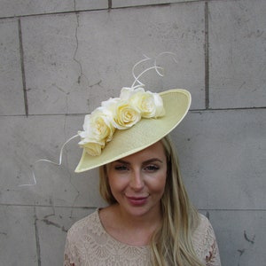 Large Light Lemon Yellow Rose Flower Fascinator Hat Big Teardrop Races Wedding Headpiece Hatinator Headband Floral sh-441