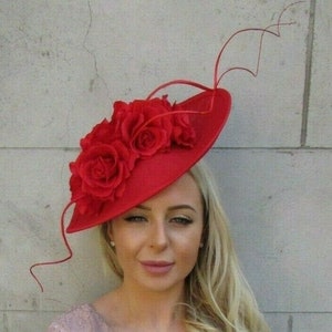 Large Red Rose Flower Feather Teardrop Fascinator Hat Headband Races Wedding Floral Big Headpiece 7194