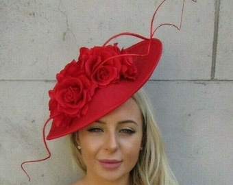 Large Red Rose Flower Feather Teardrop Fascinator Hat Headband Races Wedding Floral Big Headpiece 7194