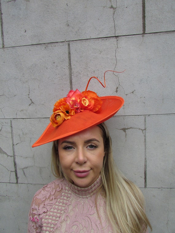 Large Orange Burnt Orange Rose Flower Fascinator Hat Big 