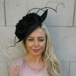 Large Black Flower Feather Teardrop Fascinator Hat Headband Races Wedding sh-360