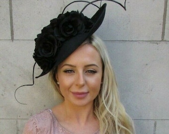 Large Black Flower Feather Teardrop Fascinator Hat Headband Races Wedding sh-360