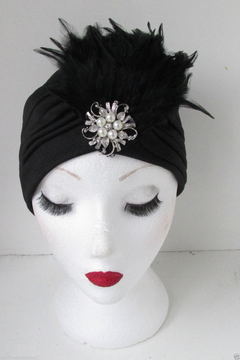 Black Feather Turban Vintage 1920s Pearl Cloche Hat 30s | Etsy