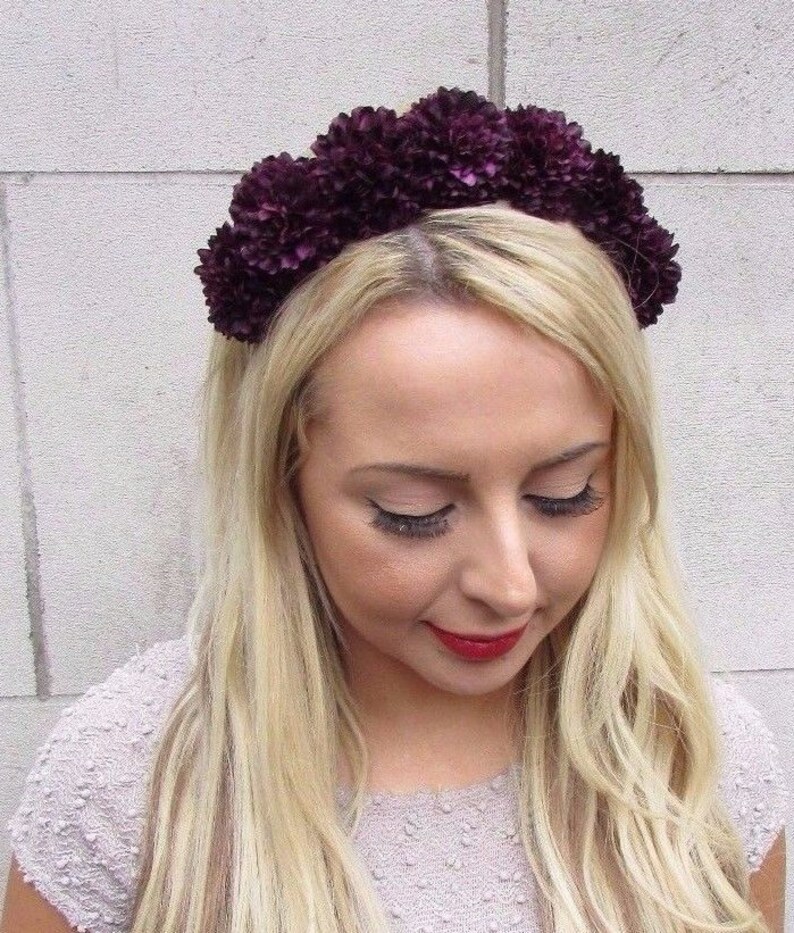 Dark Purple Black Rose Flower Headband Hair Crown Floral Boho Festival Vtg 4100