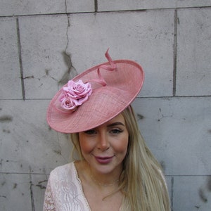 One off Piece - Large Dusky Pink Blush Floral Flower Sinamay Hat Wedding Fascinator Big Disc Saucer on a Headband Wedding Guest Races u10311