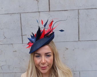 Women\'s Statement Feather Fascinator Hat in Blue and Red Navy Blue and Red Feather Fascinator Hat - Wedding, Ladies  main image 4