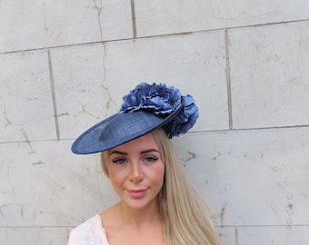 Large Navy Blue Sinamay Flower Floral Disc Saucer Feather Hat Fascinator Headpiece Headband Wedding Races u10707