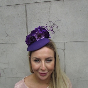 Cadbury Purple Violet Rose Flower Pillbox Hat Hair Fascinator Wedding Guest Races Headpiece Headband Hairband Floral sh-404