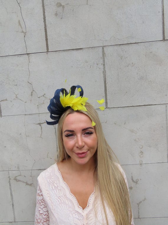 Dark Navy Blue Yellow Feather Sinamay Fascinator Wedding  display picture 1