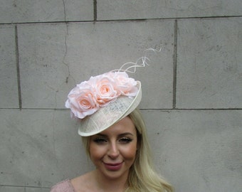 Large Cream & Light Peach Rose Flower Feather Sinamay Hat Fascinator Races 0943