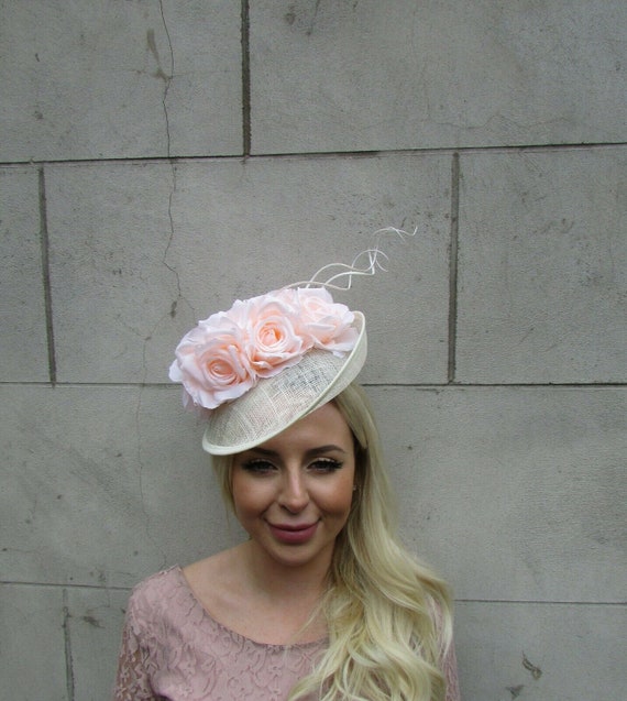 Large Cream & Light Peach Rose Flower Feather Sinamay Hat 