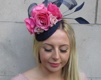 One off Piece - Navy Blue Light Pink Blush Pink Feather Fascinator Hat ...