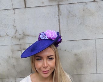 Large Dark Purple Lilac Sinamay Flower Hat Fascinator Wedding Races One Off Piece u11112