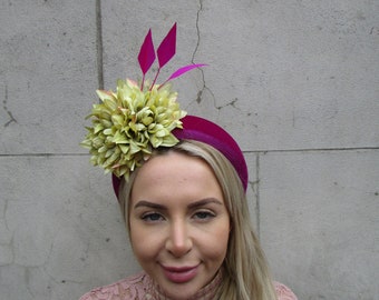 Fuchsia Magenta Pink Fascinator Lime Chartreuse Green Flower Velvet Padded Headband Fascinator Headpiece Wedding Races Halo Cerise f-7