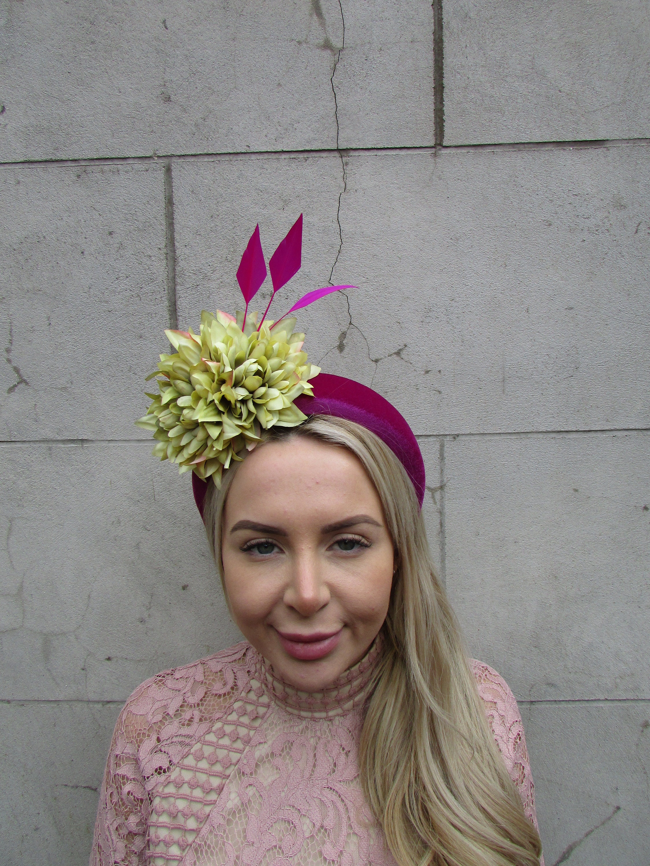 Fuchsia Magenta Pink Fascinator Lime Chartreuse Green Flower 