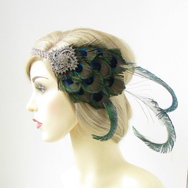 Silver Peacock Feather Headband 1920s Great Gatsby Flapper Headpiece Green 176 Hairband Hair Band