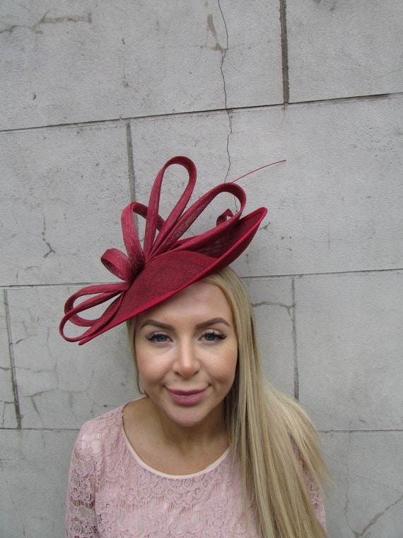 what colour fascinator with burgundy dress Modern burgundy wool felt headpiece with veil, chic claret fascinator, vino colour headpiece, big evening headpiece