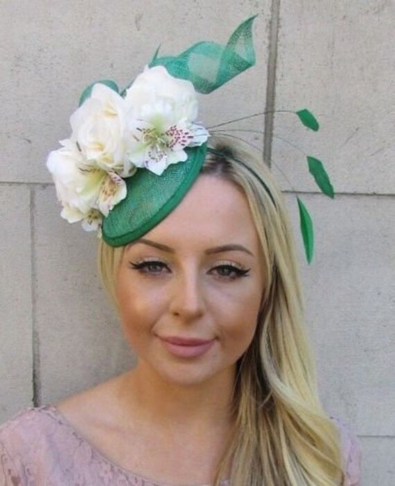 Green Ivory Cream Rose Flower Feather Hat Fascinator Races  display picture 2