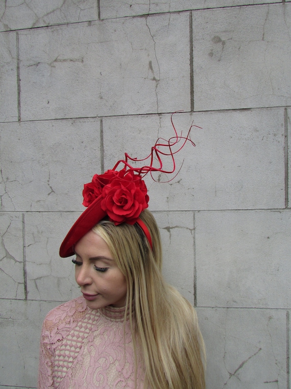 Large Red Rose Flower Feather Fascinator Hat Disc Saucer  display picture 2
