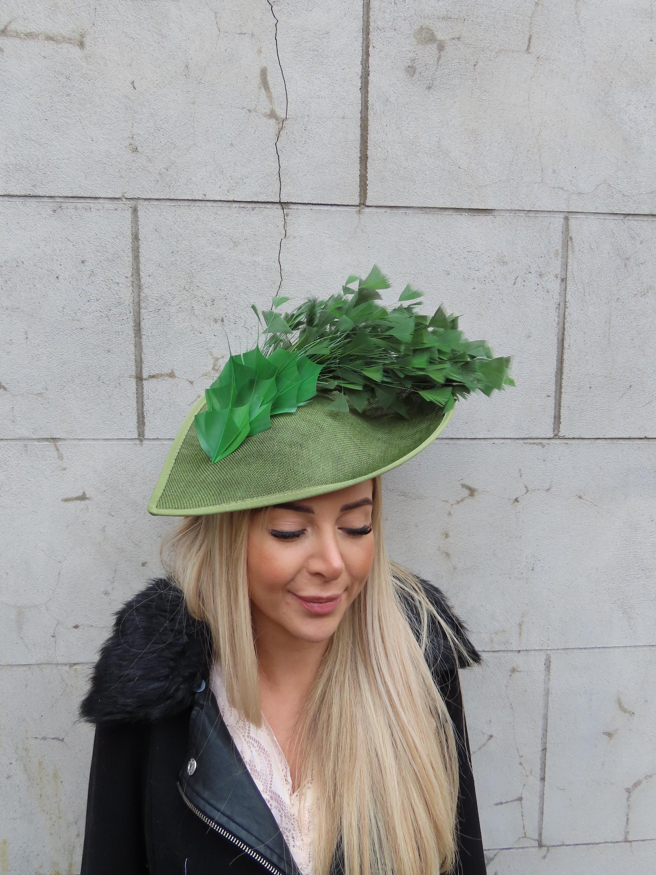 Large Khaki Sage Green Olive Feather Fascinator Hat Teardrop  display picture 1