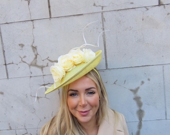 Large Lemon Yellow Rose Flower Sinamay Disc Hat Fascinator Wedding Races u11711