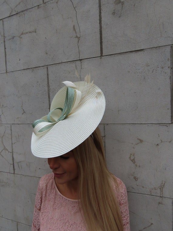 Large Cream Sage Green Feather Straw Hat Fascinator Wedding  display picture 3