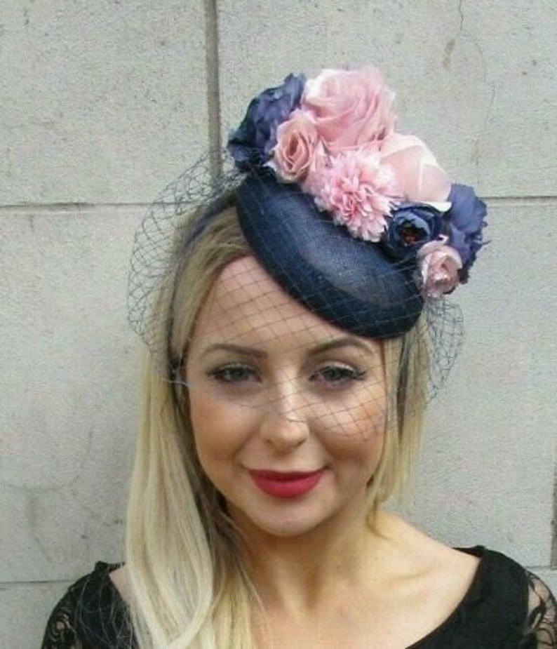 Navy Blue Blush Light Pink Birdcage Veil Flower Fascinator Hat Etsy