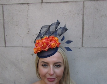 Navy Blue Orange Flower Fascinator Floral Pillbox Hat Sinamay Wedding Races Hair Fascinator Headpiece Hairband or Clips Burnt Orange SH-31