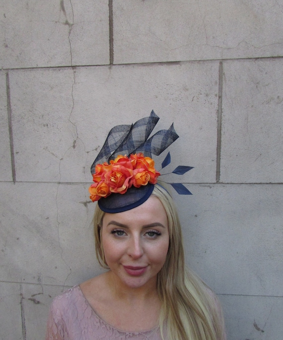 Navy Blue Orange Flower Fascinator 