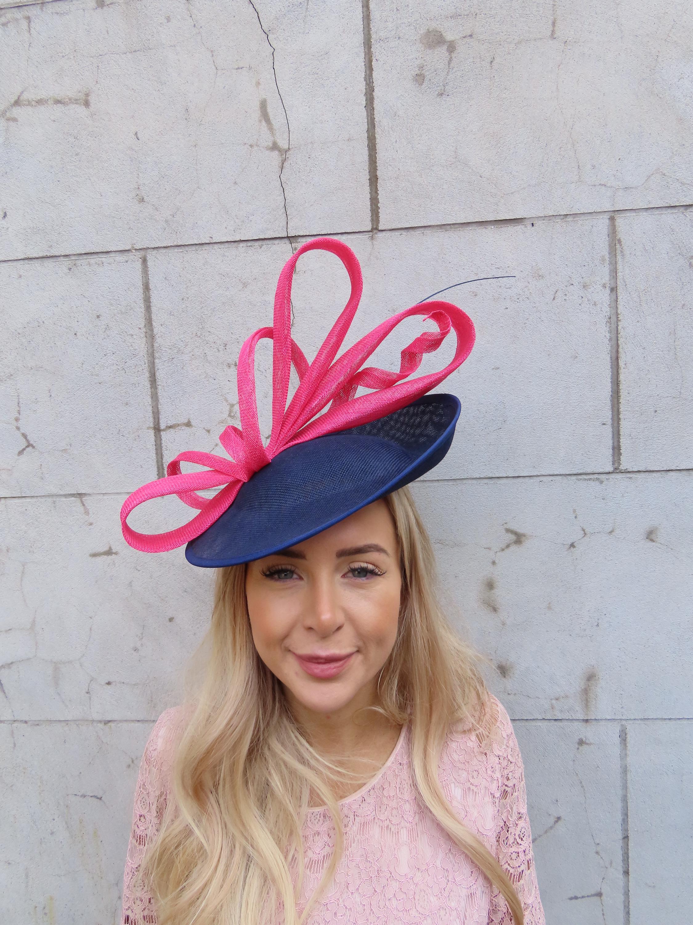One Off Piece -  Large Navy Blue & Fuchsia Pink Disc Fascinator Hat Races Hatinator Wedding Guest Headband Hairband Hot Pink u12710