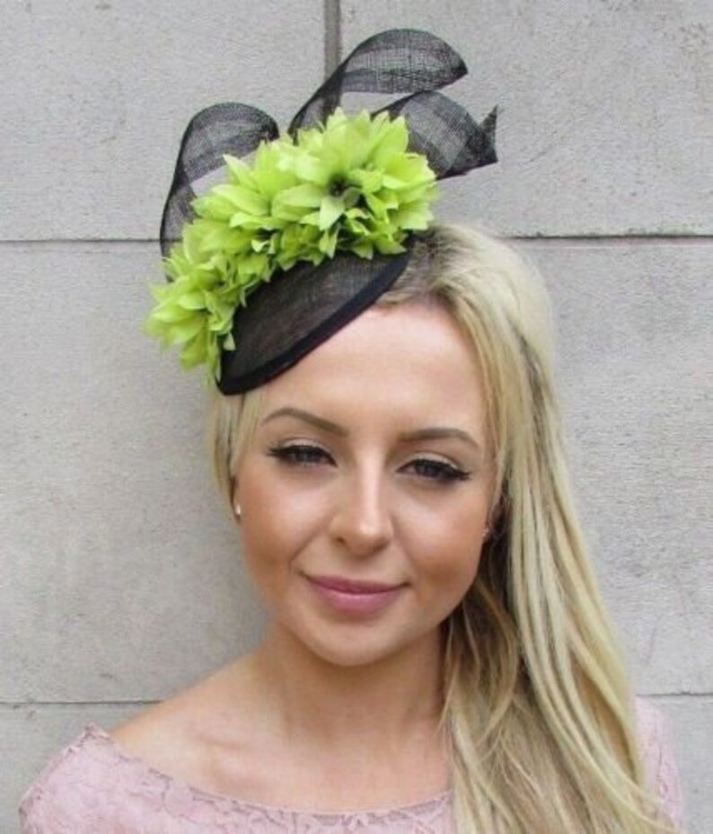 Black /& Lime Light Green Flower Hat Fascinator Races Wedding Hair Sinamay 5891