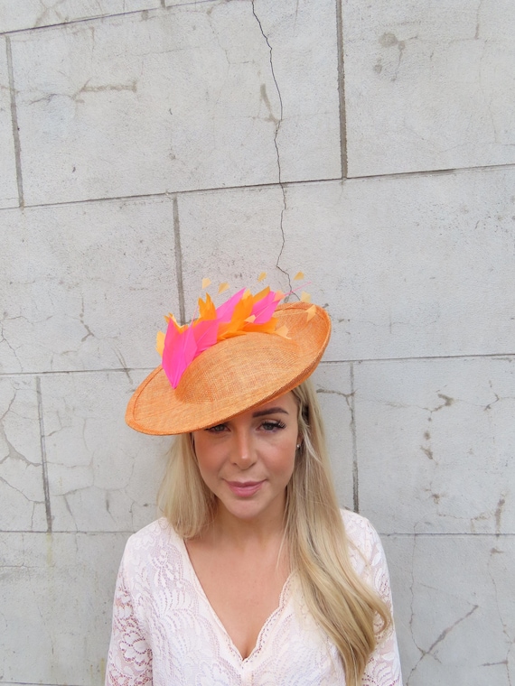 Orange Woven Hat with Feather Accent Large Burnt Orange Feather Fascinator Hat Big Teardrop  main image 4