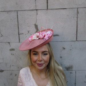 One off Piece - Large Dusky Pink Blush Floral Flower Sinamay Hat Wedding Fascinator Big Disc Saucer on a Headband Wedding Guest Races u10311