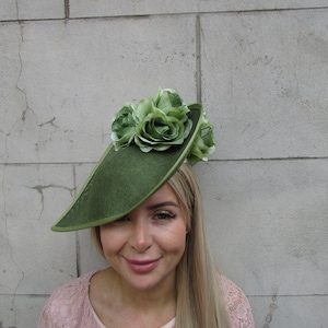 Large Olive Green Khaki Flower Teardrop Fascinator Hat Races Headband Wedding Guest Headpiece Sge Moss Green Hatinator u10107