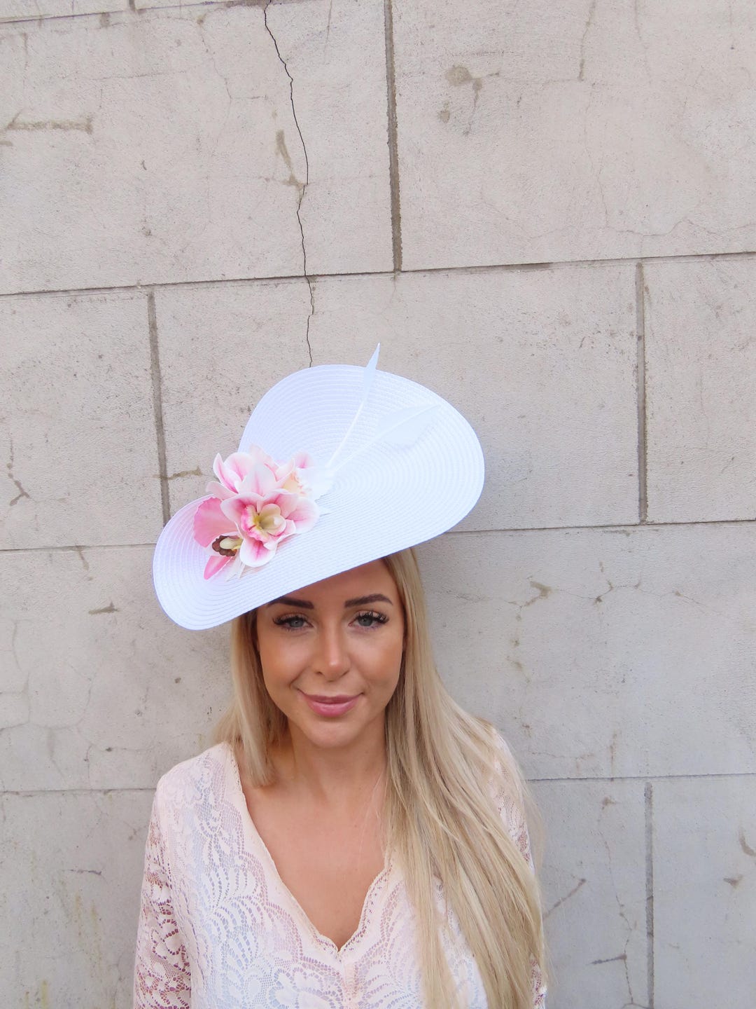 Large White & Blush Light Pink Orchid Flower Feather Hat Fascinator ...