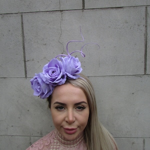New Lilac Rose Flower Quill Feather Fascinator Headband Hair Band Races Wedding Floral Light Lavender Purple Headpiece Womens u10904