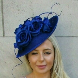 Large Royal Blue Rose Flower Feather Teardrop Fascinator Hat Headband Big u1z85