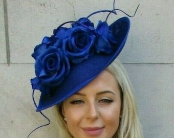 Large Navy Cornflower Light Blue Flower Teardrop Fascinator Hat Headband 7045
