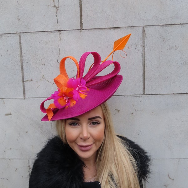 One off Piece - Large Magenta Pink Burnt Orange Feather Fascinator Hat Big Teardrop Wedding Races Headband Headpiece Hatinator Cerise u12701