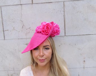 Large Hot Pink Flower Teardrop Hatinator Fascinator Hat Races Headband Wedding Guest Headpiece Cerise Fuchsia u13007