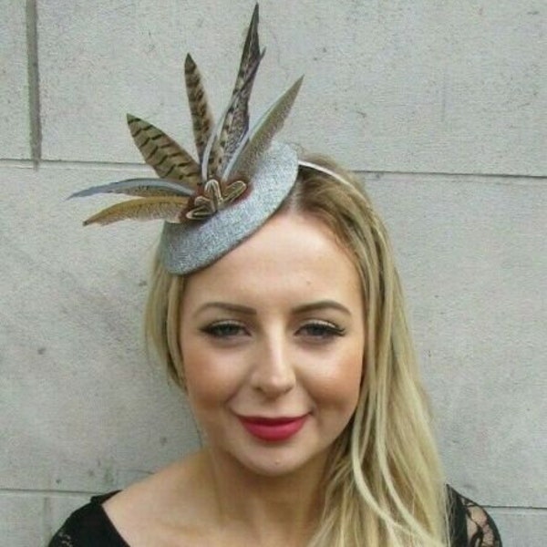 Grey Tweed Brown Pheasant Feather Hat Hair Fascinator Cheltenham Races 7062