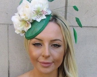 Green Ivory Cream Rose Flower Feather Hat Fascinator Races Wedding Hair sh-157