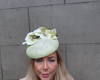 One Off Piece - Large Pale Sage Green Orchid Flower Sinamay Pillbox Hat Fascinator Headpiece Wedding Guest Races Hatinator u10112