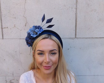 Navy Blue Dusky Cornflower Blue Rose Flower Velvet Padded Headband Fascinator Headpiece Wedding Races Halo Hairband Feather u10505