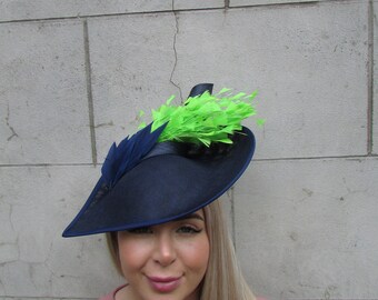 Large Navy Blue Lime Green Feather Fascinator Hat Big Teardrop